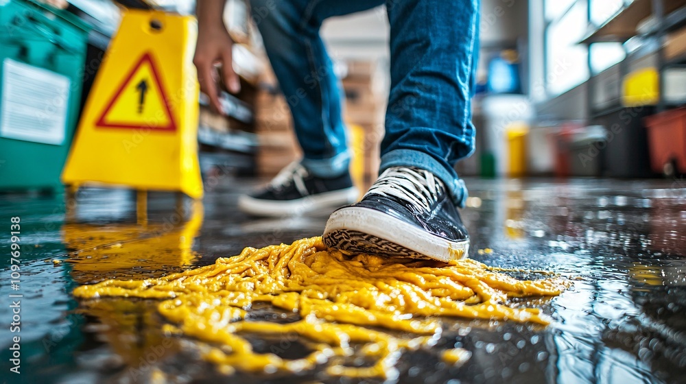 Poster employee slipping on a freshly mopped floor near a caution wet floor sign in an office environment s