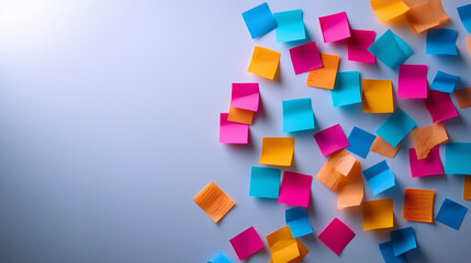 Obraz premium Sticky Note Post It Board Office. Business people meeting at office and use post it notes to share idea. Brainstorming concept. Sticky note on glass wall or blackboard. Set of colorful blank notes.