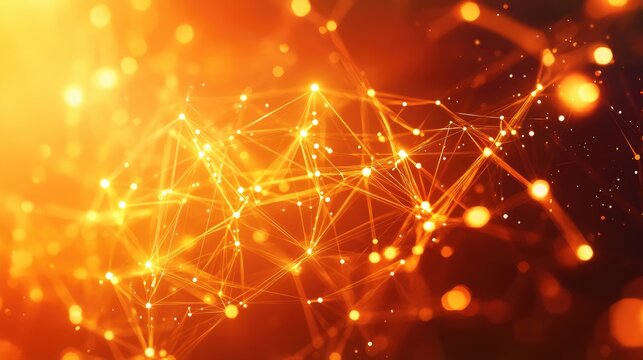 Abstract orange network connections with glowing nodes, creating a vibrant technological backdrop.