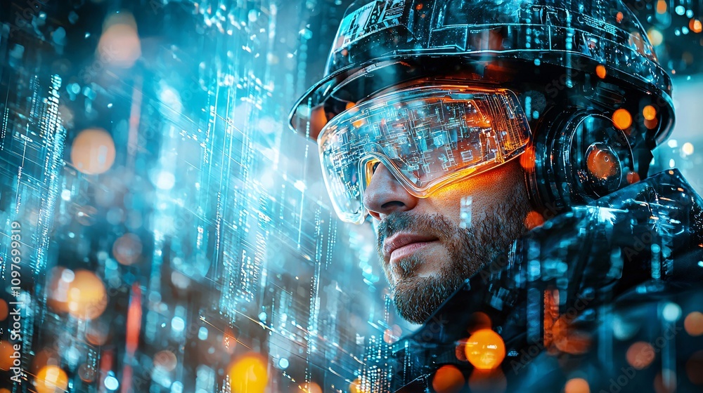 Poster worker wearing safety goggles operating heavy machinery with clear visual warnings and instructions 