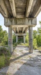 Naklejka premium Urban Exploration Under Concrete Structures Surrounded by Nature and Overgrown Vegetation, Capturing the Contrast of Man-Made Design and Untamed Environment