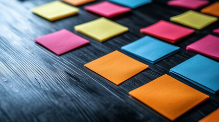 Sticky Note Post It Board Office. Business people meeting at office and use post it notes to share idea. Brainstorming concept. Sticky note on glass wall or blackboard. Set of colorful blank notes.
