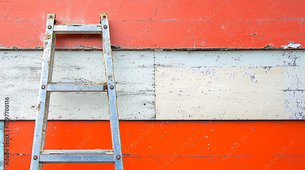 Poster scene of a broken ladder being replaced after inspection at a construction site stock photo with sid