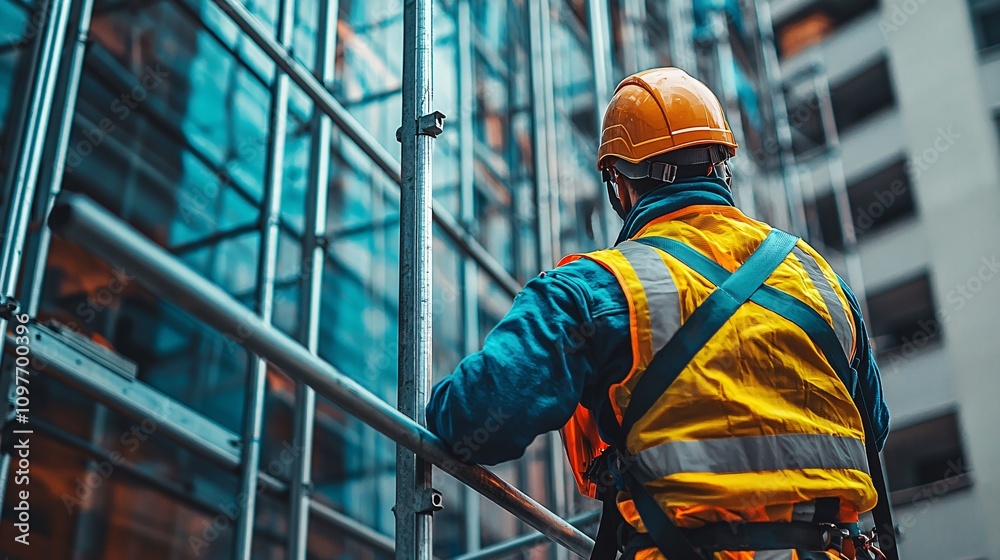 Aufkleber Worker wearing reflective gear using a safety harness while performing tasks at height on scaffolding Stock Photo with side copy space