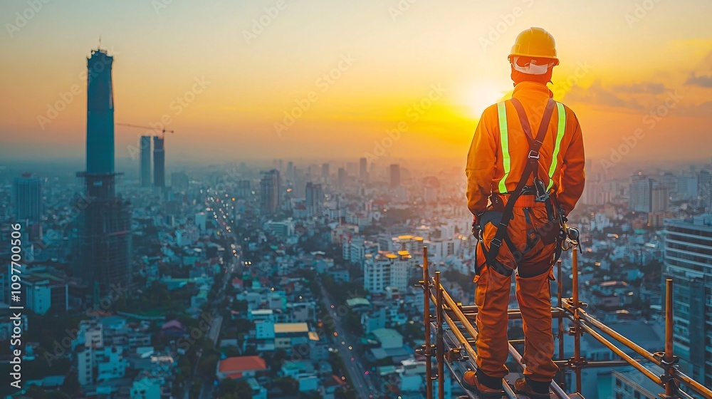 Aufkleber Worker wearing reflective gear using a safety harness while performing tasks at height on scaffolding Stock Photo with side copy space