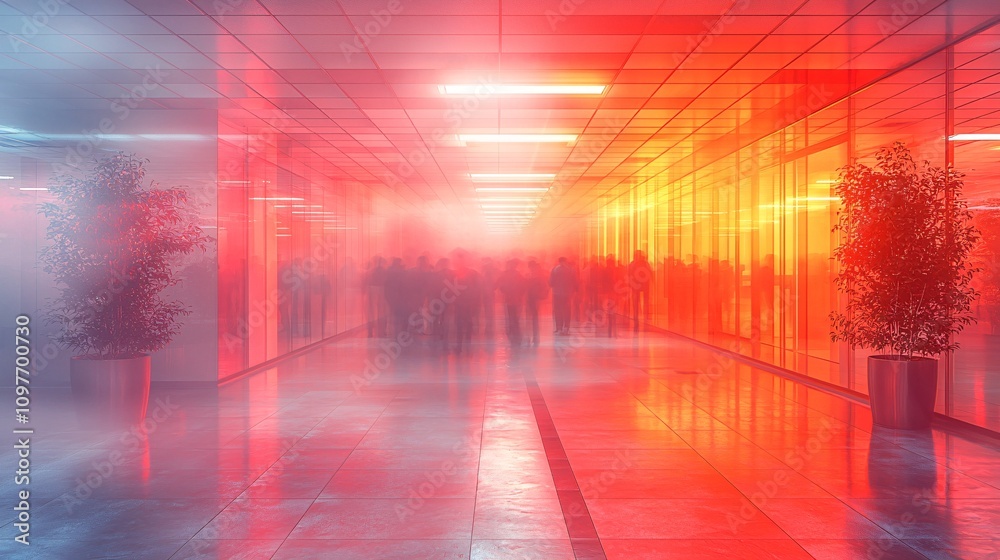 Poster fire alarm activation in an office building with employees evacuating through designated emergency e