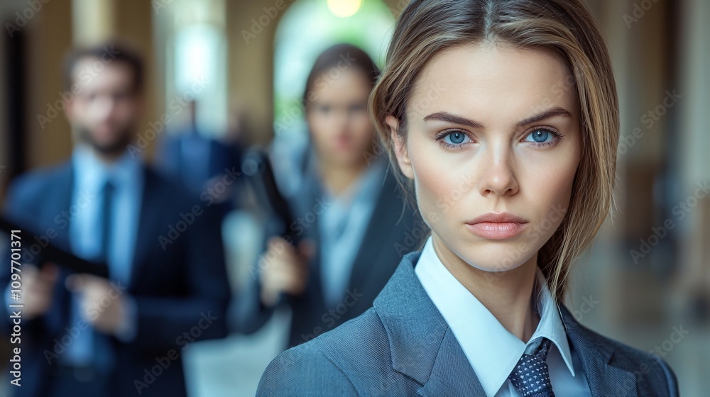 Poster Team of employees practicing an active shooter response scenario in an office environment Stock Photo with side copy space