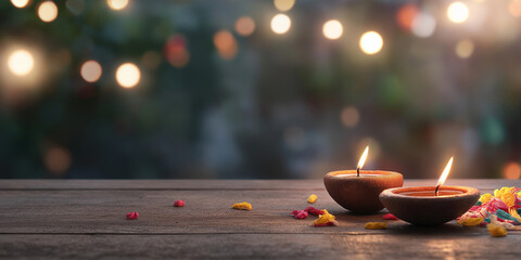 Two lit diyas surrounded by colorful petals and fairy lights on a wooden table setting a warm and festive atmosphere inspired by the Diwali festival's joy and tradition.