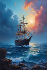 Fototapeta premium A painting of a ship near the sea, against the backdrop of an open sea, stormy