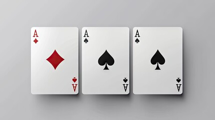Obraz premium Three playing cards displayed: two black aces and one red ace, showcasing a classic card design.