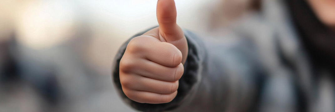 A close-up shot of a hand showing a thumbs-up gesture conveys approval, support, and positivity in a warm tone, epitomizing encouragement and acceptance shared openly.