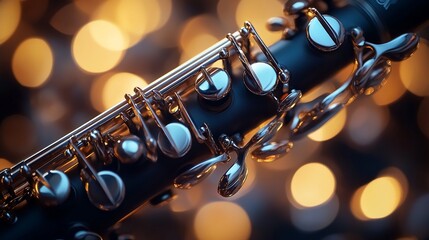 Obraz premium Close-up of clarinet keys against bokeh lights.