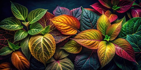 Vibrant Leaf Arrangement in Low Light - Nature's Colors and Textures Explored, Perfect for Botanical Art, Home Decor, or Nature Lovers' Collections