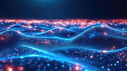 A mesmerizing digital landscape of glowing blue and orange waves, representing a futuristic or technological theme.