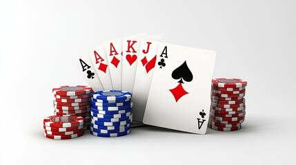 A winning hand in poker featuring a royal flush, surrounded by colorful chips.