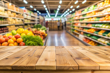 Empty wood table top with supermarket blurred background for product display