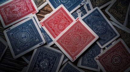 A close-up view of a scattered deck of playing cards in red and blue, creating a vibrant and playful atmosphere.