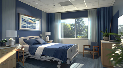 a dark blue hospital bedroom
