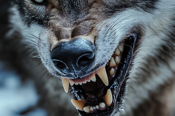 The open jaws of a snarling hungry wild wolf