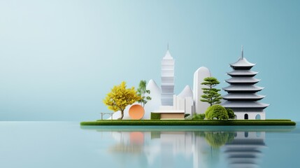 A cityscape with a large building in the middle