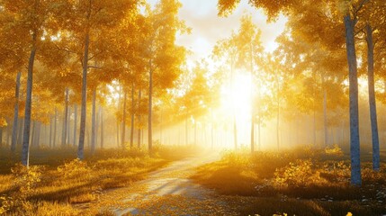 Fototapeta premium A serene autumn landscape featuring golden-leaved trees illuminated by sunlight.