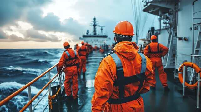 Crew of Rescue Workers in Orange Safety Gear on Deck of Ship Preparing for Mission at Sea During Dramatic Cloudy Evening with Rolling Waves