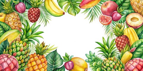 Tropical Fruit Watercolor Frame for Text, Artistic Fruit Arrangement, Colorful Summer Decor, Vibrant Tropical Artwork, Fruit Illustration, Watercolor Art for Marketing, Banner Design