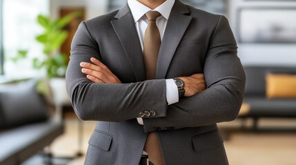 Confident businessman in a sharp suit and tie with crossed arms, portrait of professionalism success