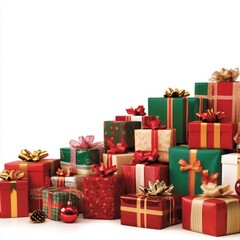 A pile of wrapped Christmas gifts in red, green, and gold.
