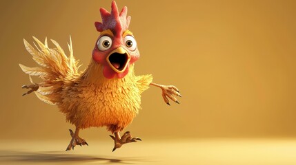 A cheerful animated chicken with bright colors and an expressive face, energetically running against a warm, neutral background.