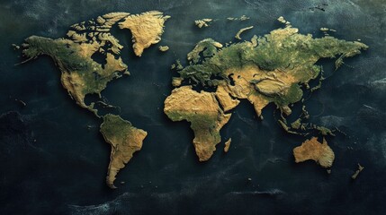Detailed topographical world map with a textured, artistic representation of continents and oceans.