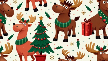 Obraz premium Cute Christmas Reindeer & Moose Seamless Pattern