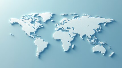 Fototapeta premium Stylized 3D world map in soft white against a pale blue background, conveying a modern and minimalistic aesthetic.