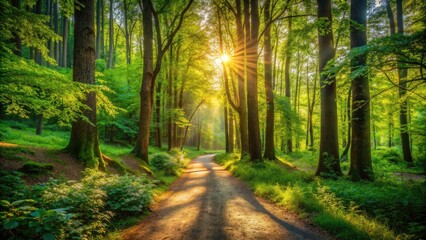 Tranquil Forest Pathway with Sunlight Filtering Through Trees, Nature's Serenity, Scenic Landscape Photography, Peaceful Hiking Trail, Lush Greenery, Natural Beauty, Outdoor Adventure