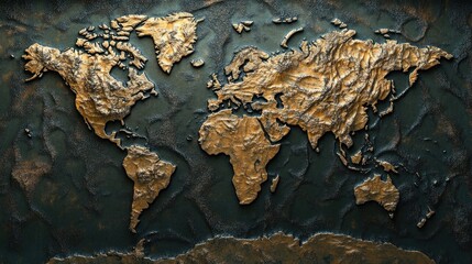 A detailed, embossed world map showcasing continents in gold against a textured dark background.