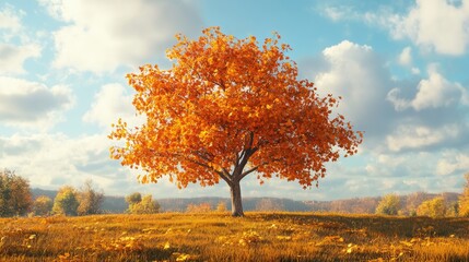 Fototapeta premium A vibrant autumn scene featuring a solitary orange tree against a blue sky.
