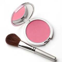 Pink blush and makeup brush on white background.