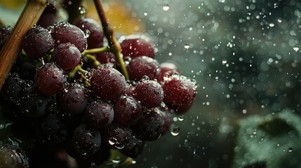 Close-Up of Fresh Red Grapes Covered in Water Drops Against a Blurry Green Background, Showcasing Nature's Beauty and Refreshing Rain Effect