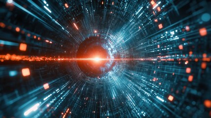 Fototapeta premium Abstract digital tunnel with glowing particles and lines.