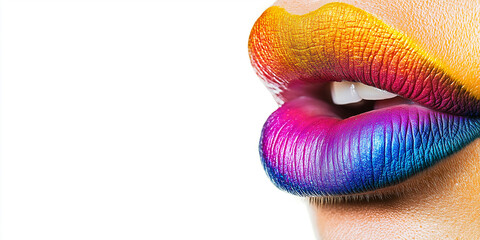 A close-up photograph showcases lips painted in vibrant rainbow colors, highlighting the artistic...