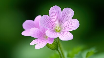 Fototapeta premium Two pink flowers are in a green background