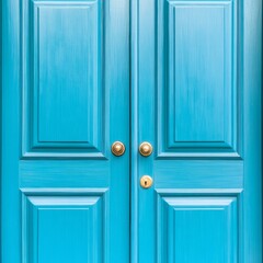 Fototapeta premium Blue double door with gold knobs and keyhole.