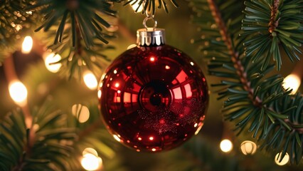 Close-up Red Christmas Ornament on Pine Tree Branch