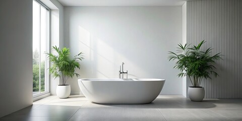 Fototapeta premium Surreal Minimalist Bathroom with White Bathtub on White Wall for Modern Aesthetic