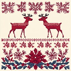 Christmas reindeer and snowflake pixel art design.