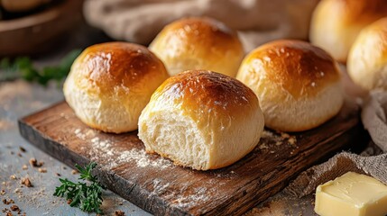 Freshly Baked Soft Dinner Rolls on Rustic Wooden Board Surrounded by Ingredients and Natural Textures, Ideal for Culinary and Food Photography Projects