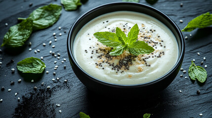 creamy protein smoothie topped with a dusting of powder, featuring vibrant colors and a fresh, energizing appearance that symbolizes health, vitality, and nutritional benefits