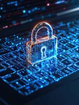 Hacker using laptop with abstract padlock network hologram on blue binary code background. Safety and virus concept. Double exposure