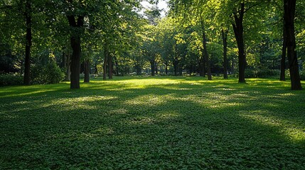 Fototapeta premium Lush Green Park Scene with Sunlight Filtering Through Trees, Showcasing Vibrant Nature, Serenity, and Peaceful Outdoor Atmosphere for Relaxation and Leisure Activities