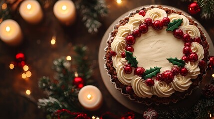 Christmas pudding with a festive mood, beautifully decorated for celebrations, against a warm and cozy candlelit background